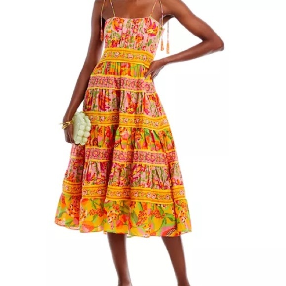 FARM Rio Dresses & Skirts - FARM Rio Mixed Fruits Cotton Midi Dress Orange and Yellow Ruffled Tiered Size M